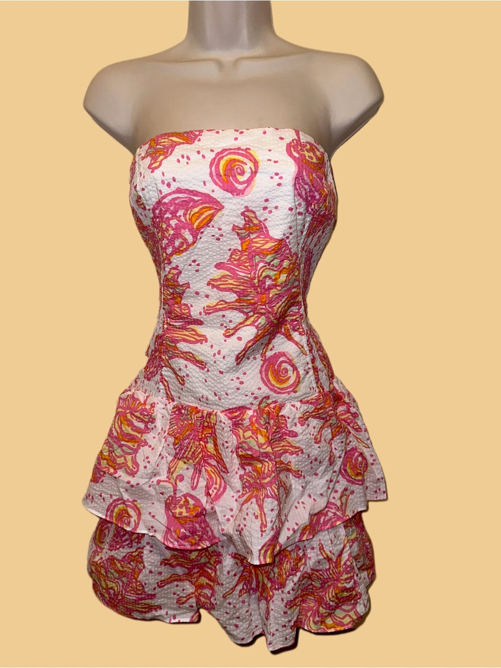Lilly Pulitzer Strapless Pink and Orange Printed Tiered Dress